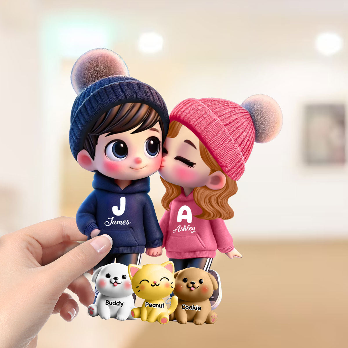 3D Effect Cute Cartoon Couple You Me And The Dog Cat Personalized Standing Wooden Plaque, Gift for Him, Gift for Her