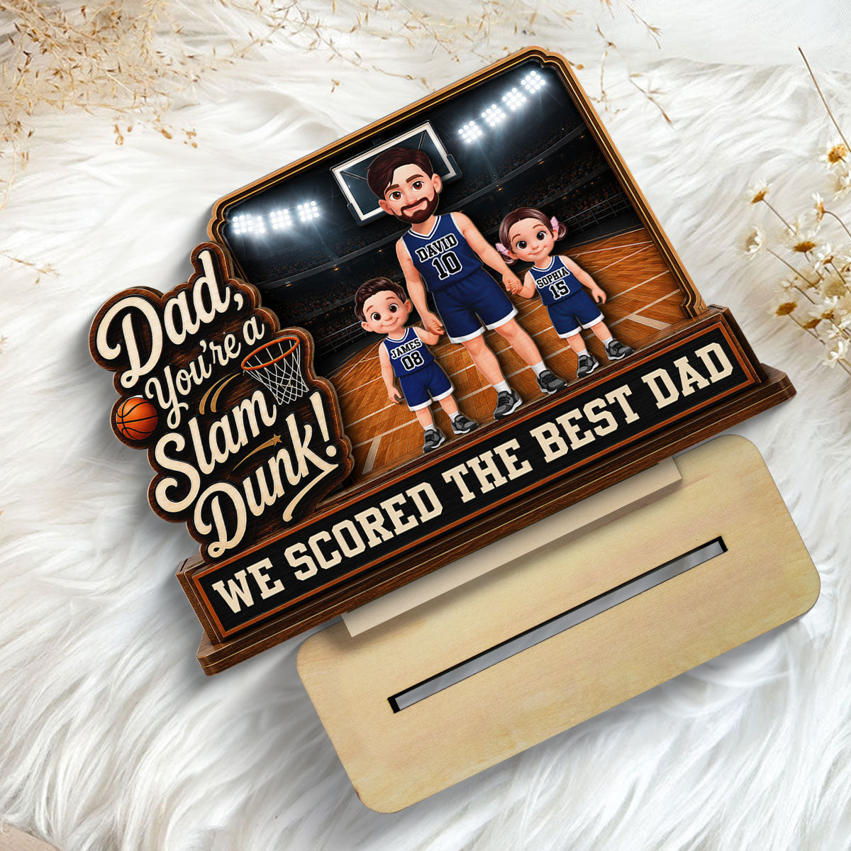 Dad You Are A Slam Dunk Basketball Man & Kids 2D Flat - Personalized 2-Layered Wooden Plaque - Gift For Basketball Dad