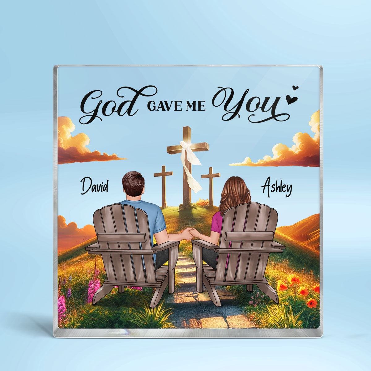 Cross God Knew My Heart Needed You Old Couple Sitting Together Personalized Acrylic Block Plaque, Anniversary Gift For Him, Her, Husband, Wife
