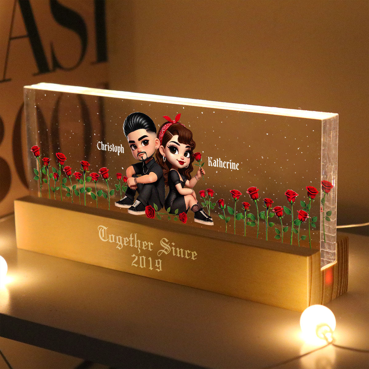 Pretty Couple Roses Heart Together Since Personalized Acrylic Block LED Night Light, Gift, Anniversary Gift for Couples