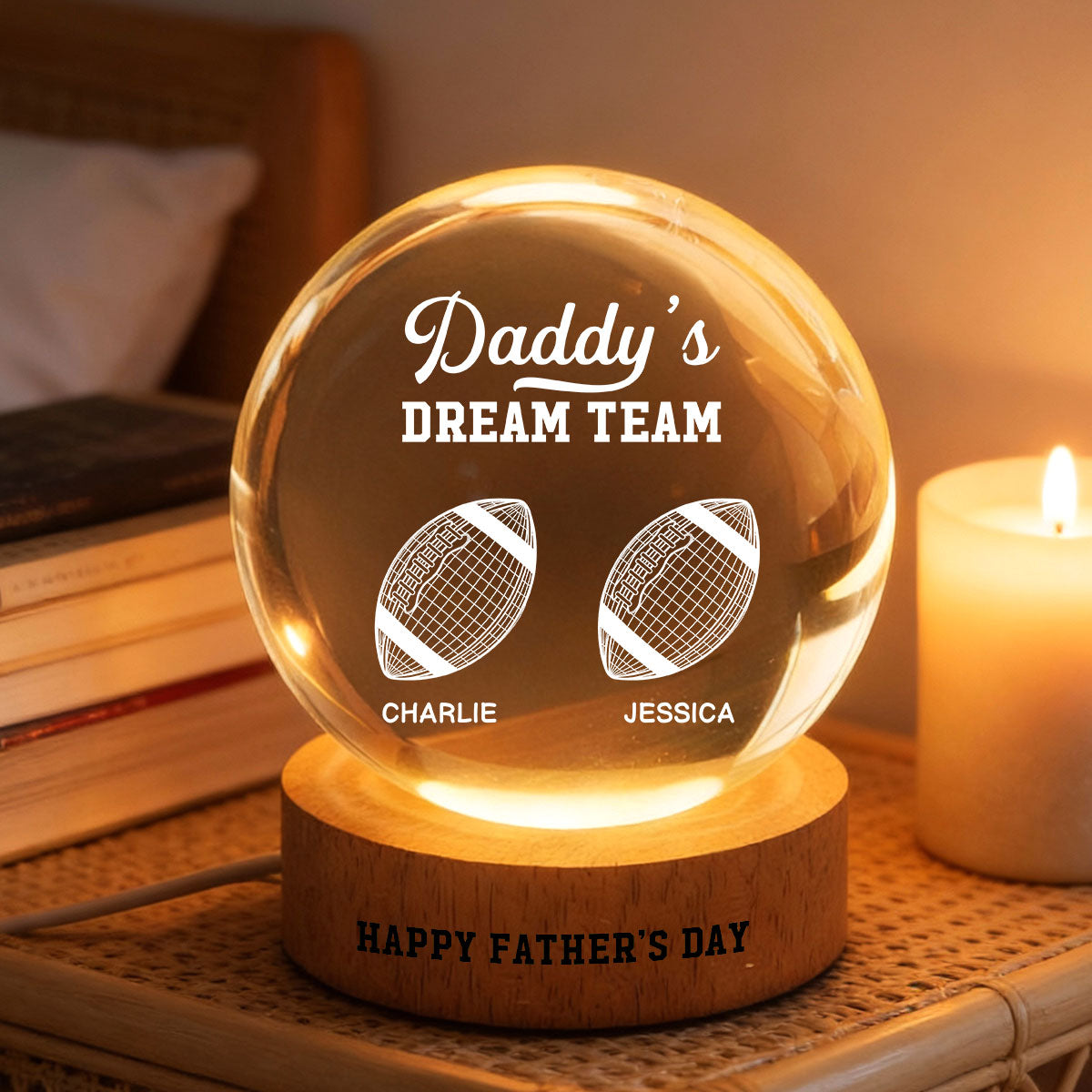 American Football Daddy's Dream Team Illusion Style - Personalized Crystal Ball LED Night Light - Gift For Dad, Husband