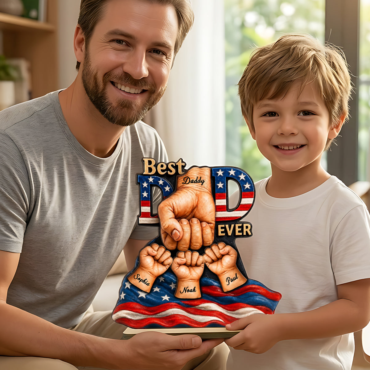 American Dad And Kids Fist Bump - Personalized 2-Layered Wooden Plaque - Gift For Dad, Husband