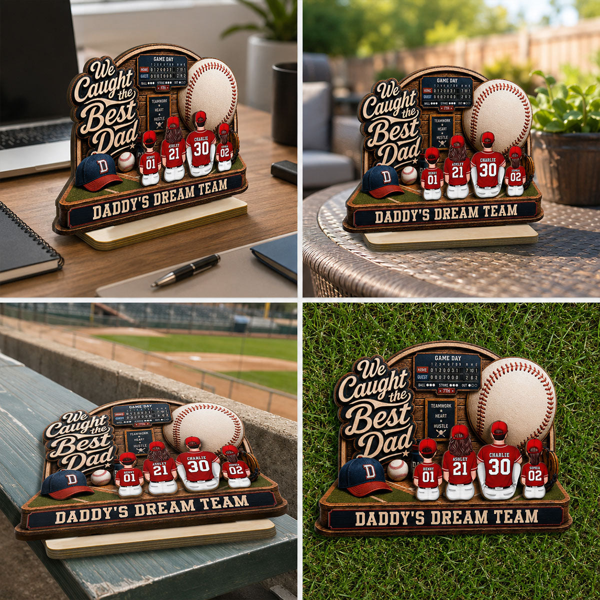 Baseball Things Dad & Kids Back View Sitting 2D Flat - Personalized 2-Layered Wooden Plaque - Happy For Baseball Dad
