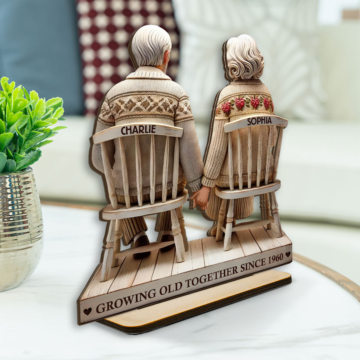 3D Effect Old Couple Holding Hands Sitting Together Personalized Standing Wooden Plaque, Heartfelt Anniversary Gift, Gift For Couple, For Him, For Her, Husband, Wife