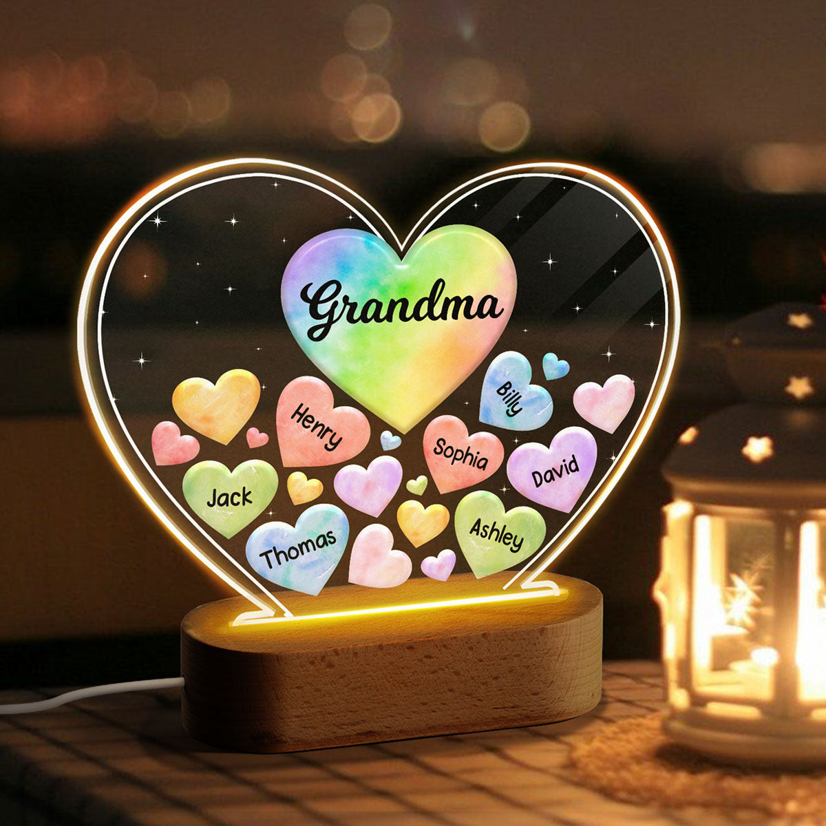 Grandma Mom Hearts In Heart Personalized Acrylic Heart LED Night Light, Gift For Birthday, Anniversary