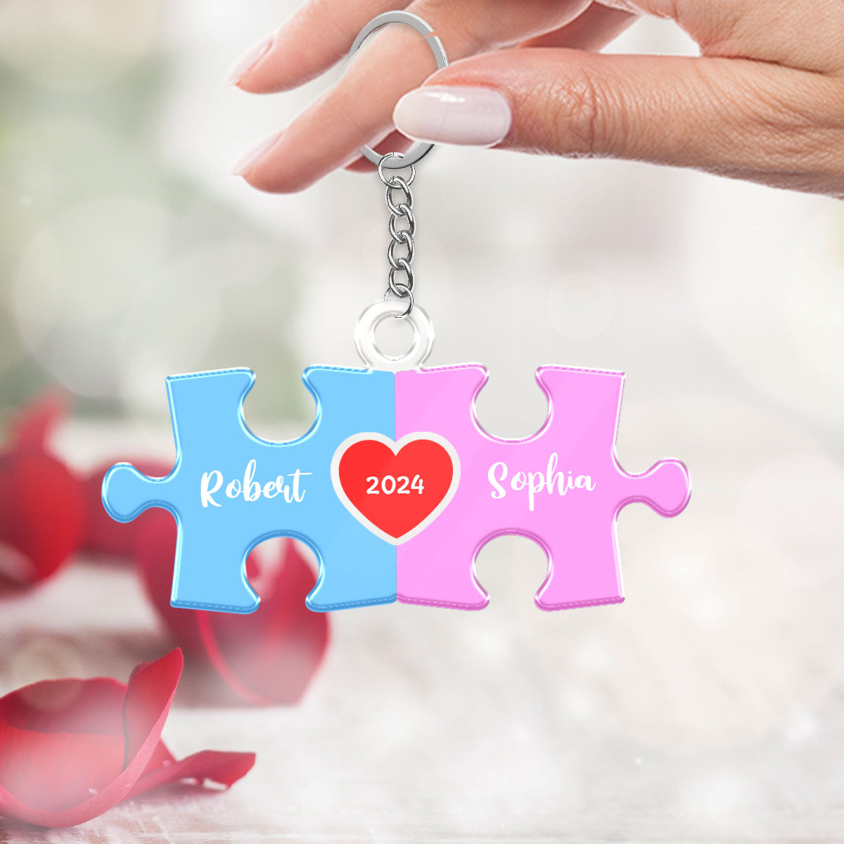 Love Is The Piece That Holds Us Together Acrylic Keychain, Personalize Couple Puzzle Name Sign, Gift For Him, For Her, Wedding Gift