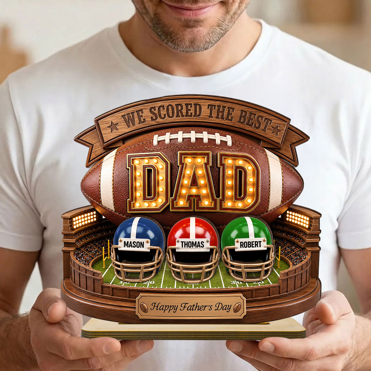 American Football Best Dad - Personalized 2-Layered Wooden Plaque - Gift For Dad, Husband