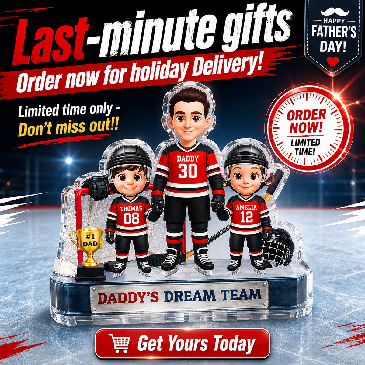 Daddy's Dream Team Hockey Dad & Kids - Personalized Acrylic Block Plaque - Gift For Dad, Husband