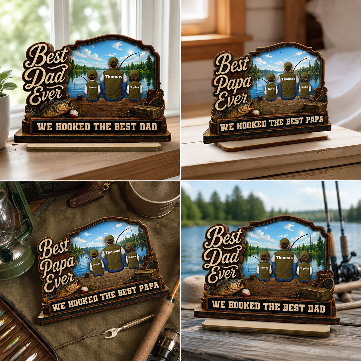 We Hooked The Best Dad Papa Fishing Man & Kids Back View 2D Flat - Personalized 2-Layered Wooden Plaque - Gift For Hunting Dad, Grandpa