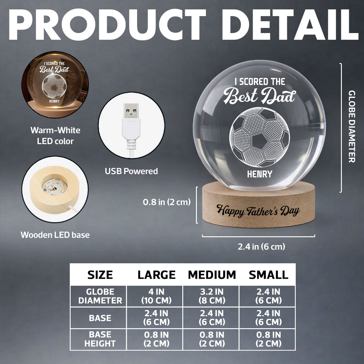 Soccer We Scored The Best Dad Illusion - Personalized Crystal Ball LED Night Light - Gift For Dad