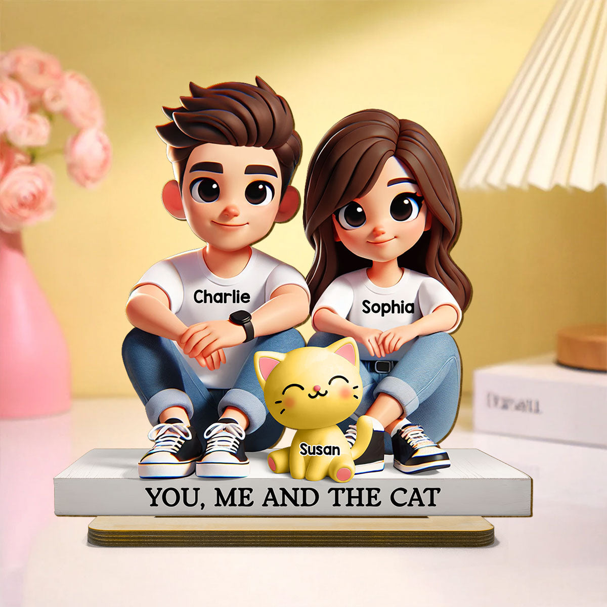 3D Effect Cute Couple And Dogs Cats Personalized Standing Wooden Plaque, Anniversary Gift, gift, Couple Keepsake