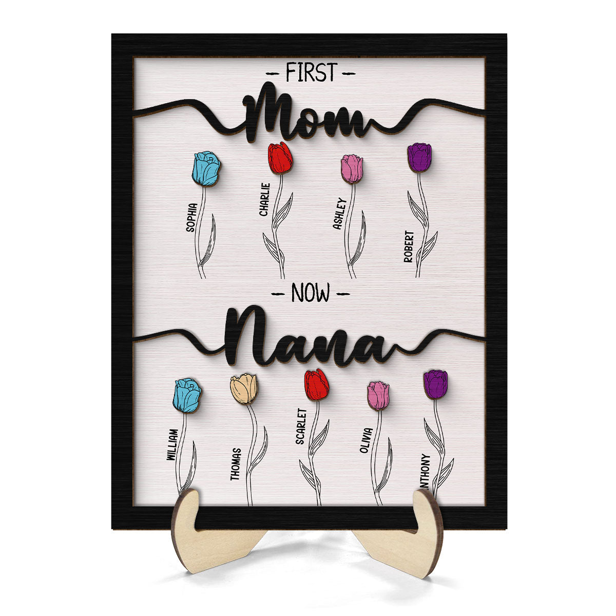 First Mom Now Grandma Tulip Flowers Gift For Grandma Personalized 2-Layer Wooden Plaque