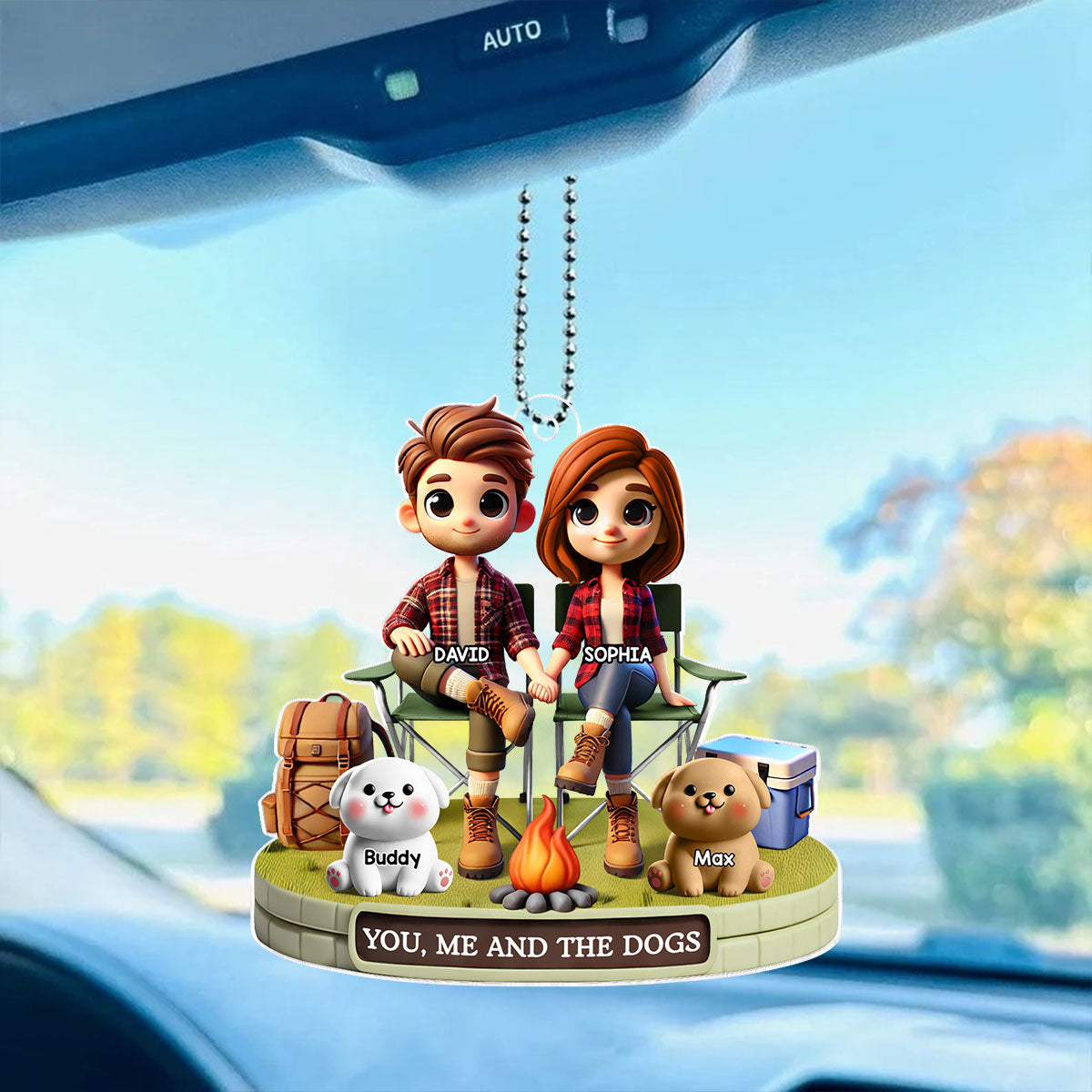 3D Effect Camping Couple And Dogs Cats Personalized Acrylic Car Hanger, Gift, Anniversary Gift, Couple Keepsake