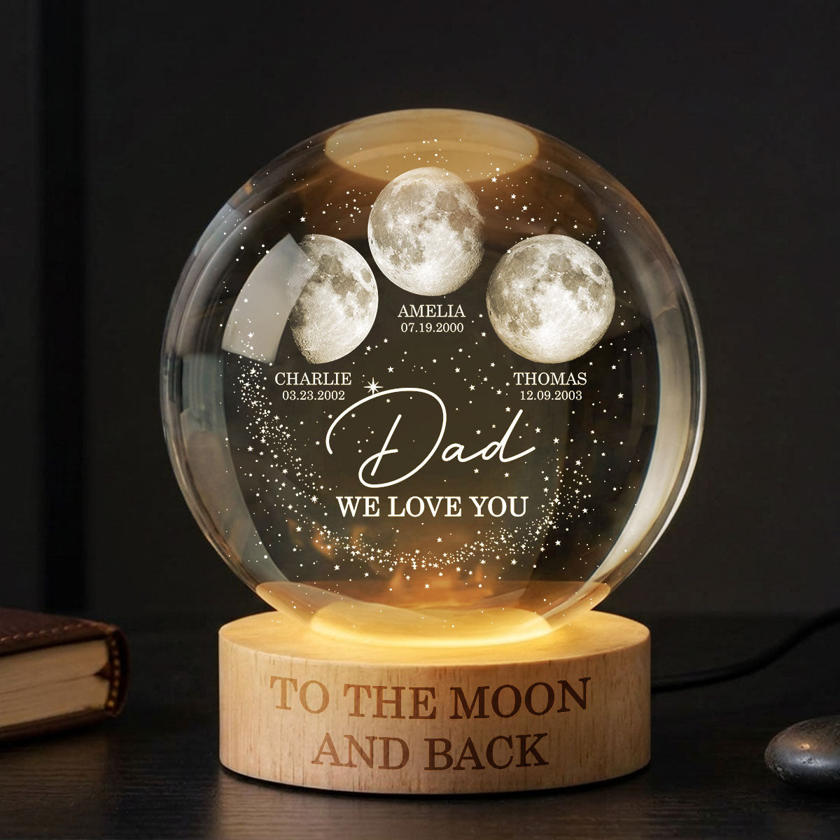 Love to the Moon and Back - Personalized Crystal Ball LED Night Light - Custom Moon Phase by Date, Gift for Dad, Husband