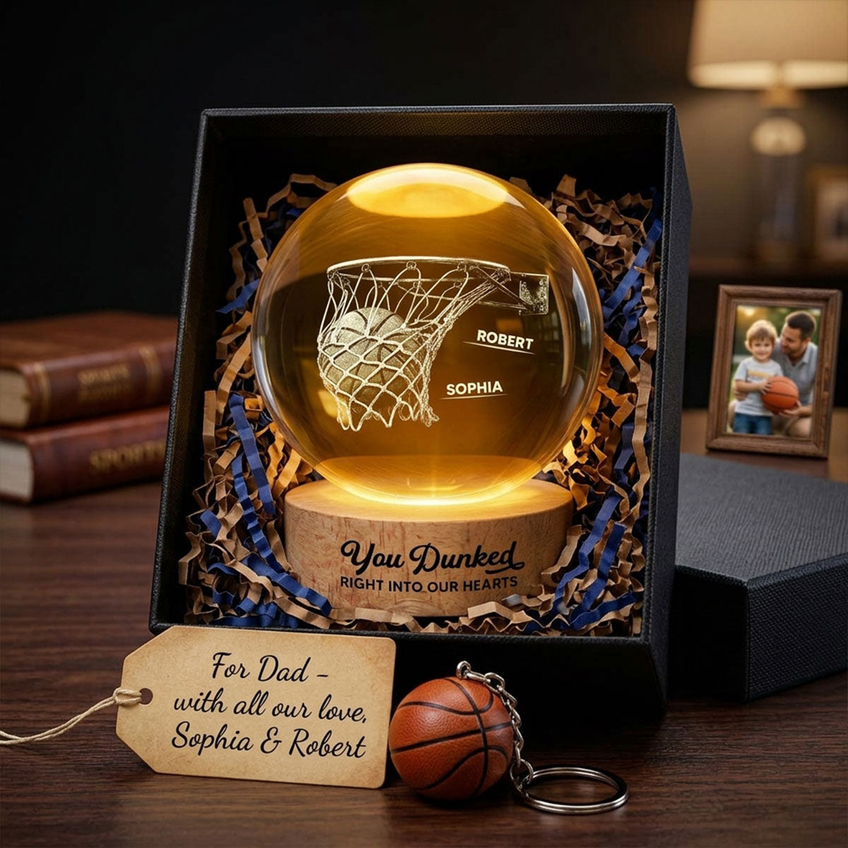 We Dunked Right Into Our Heart - Personalized Crystal Ball LED Night Light - Gift For Basketball Dad