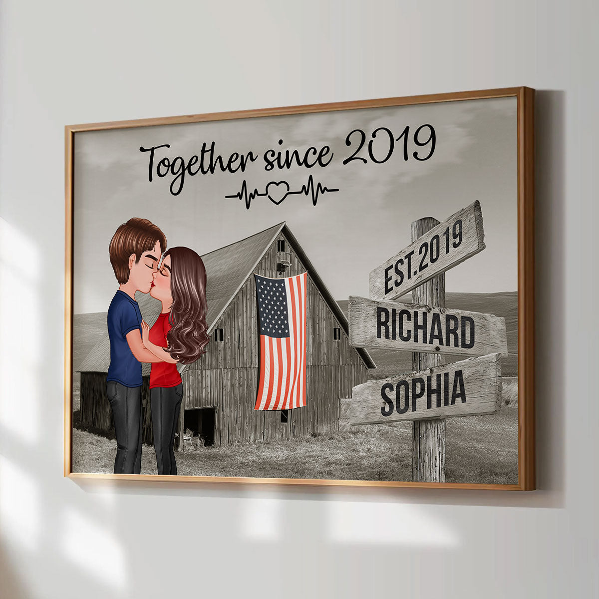 Retro Barn American Flag Thin Blue Line Hero Couple Personalized Poster, Anniversary Gift For Him, Her, Husband, Wife, Proud Occupation