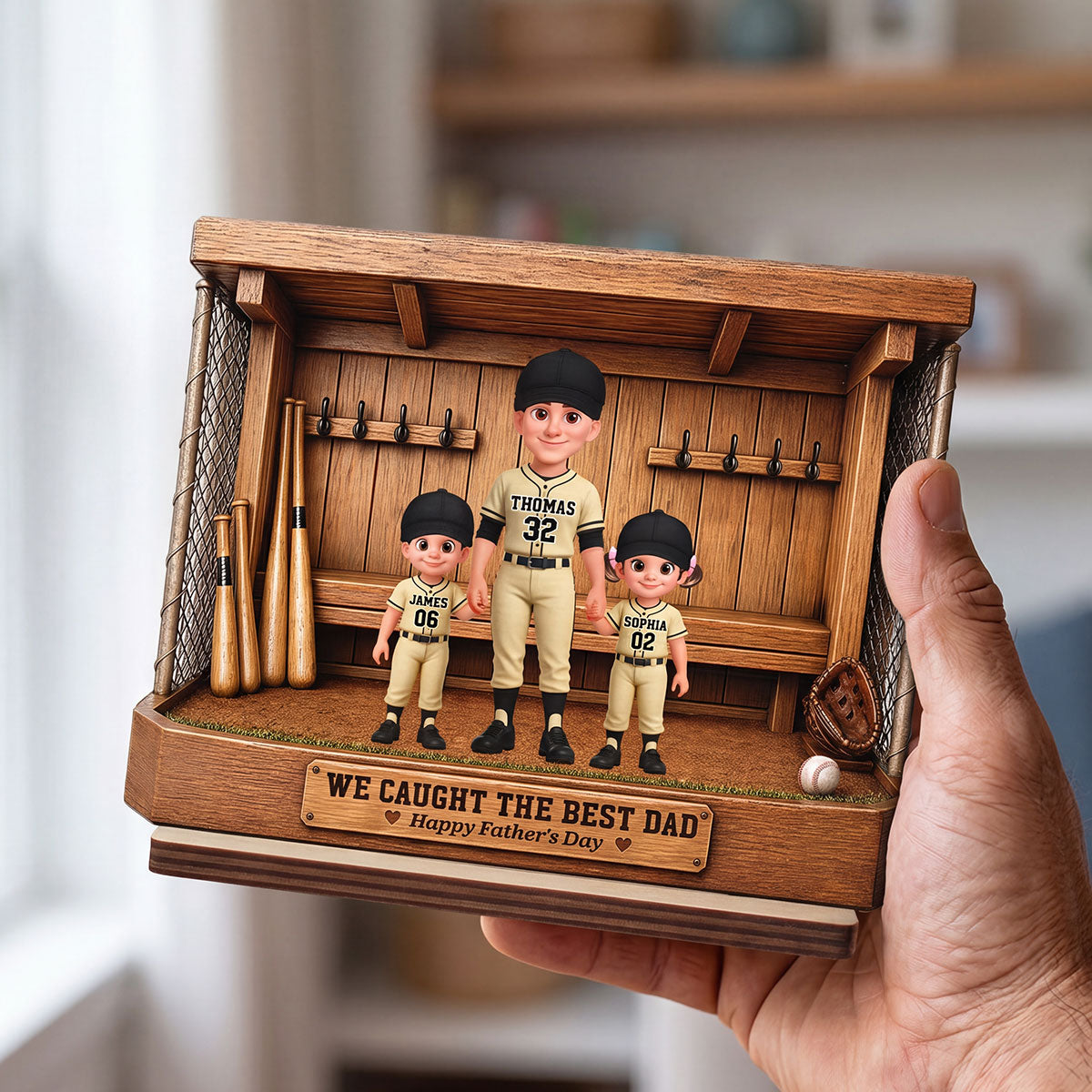 Baseball Dugout Dad And Kids We Caught The Best Dad - Personalized 2-Layered Wooden Plaque - Gift For Dad