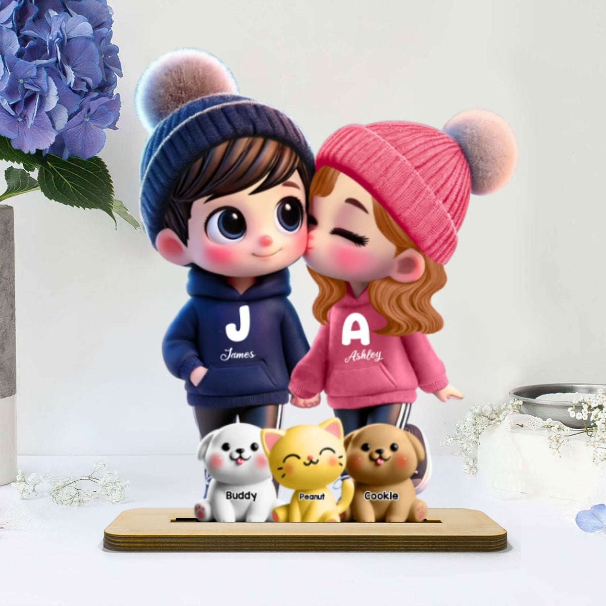 3D Effect Cute Cartoon Couple You Me And The Dog Cat Personalized Standing Wooden Plaque, Gift for Him, Gift for Her
