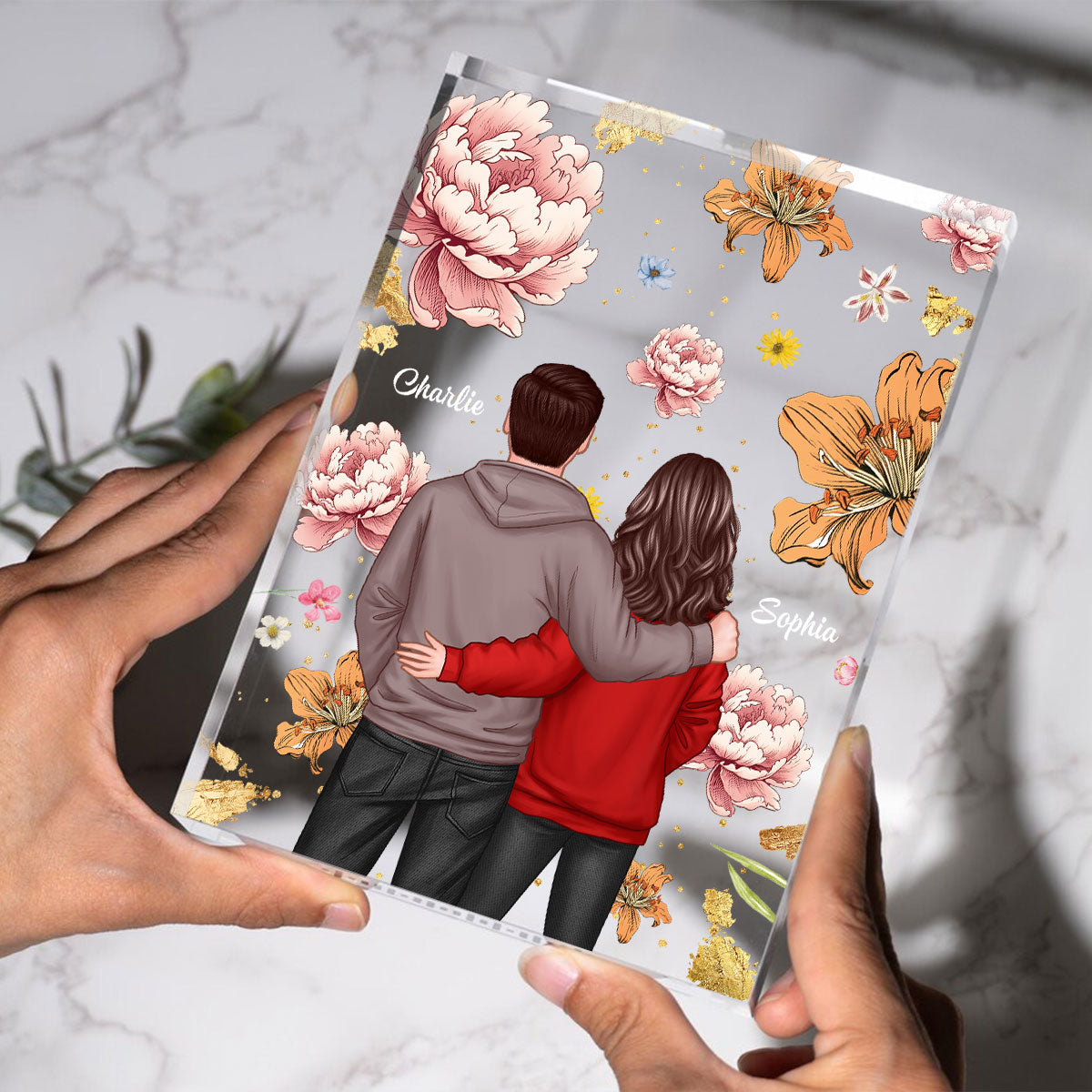 Couple Hugging Back View Birth Month Flower Personalized Acrylic Block Plaque, Heartfelt 2025 Gift, Anniversary Gift For Girlfriend, For Wife