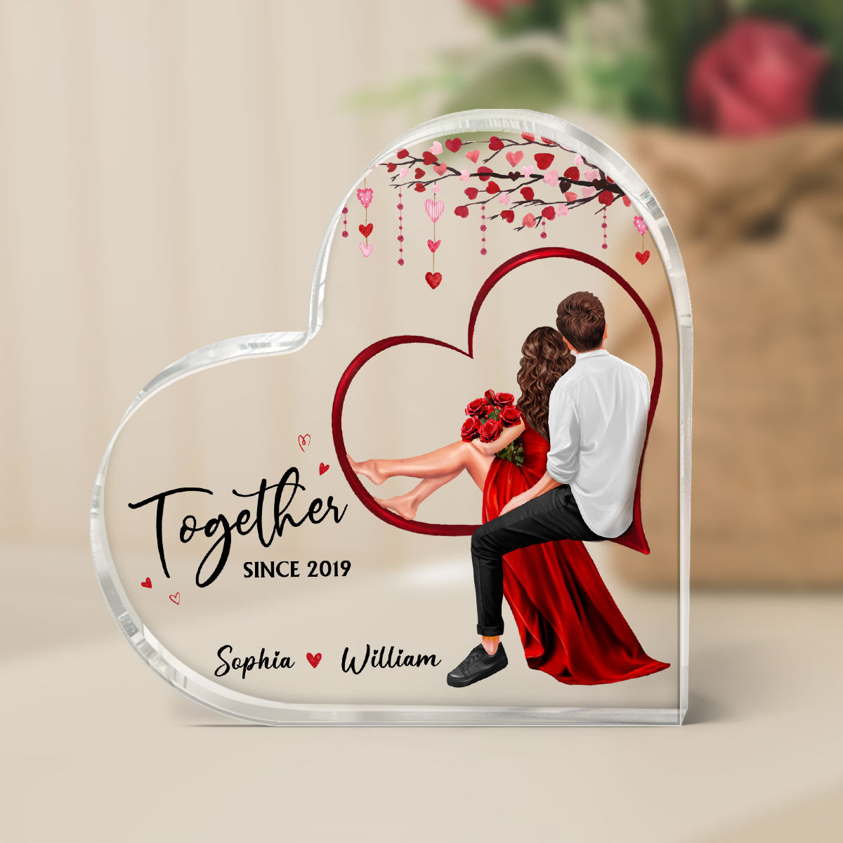 Embracing Couples Sitting On Heart Personalized Acrylic Heart Plaque, Gift, Anniversary Gift for Couples