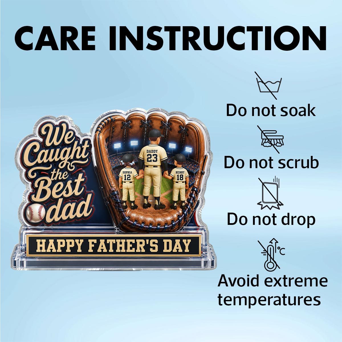 We Caught The Best Dad Dad & Kids In Glove 2D Flat - Personalized Acrylic Block Plaque - Happy For Baseball Dad
