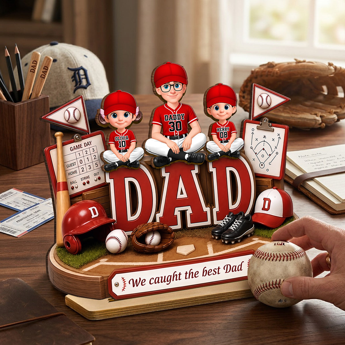 Baseball Dad Kids We Caught The Best Dad - Personalized 2-Layered Wooden Plaque - Gift For Dad, Husband