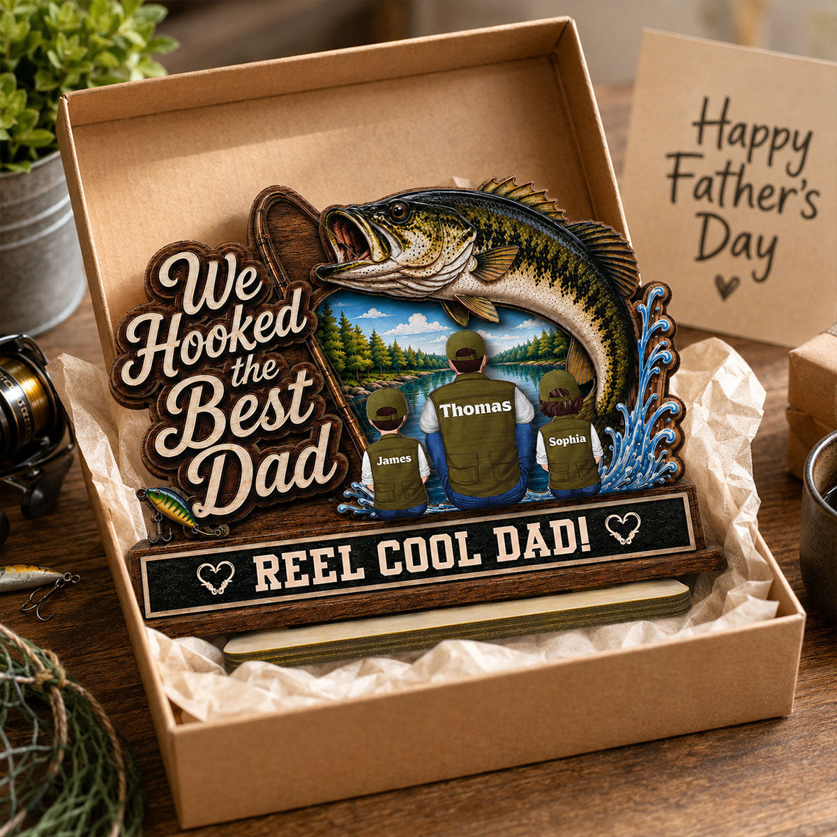 We Hooked The Best Dad Grandpa Back View 2D Flat - Personalized 2-Layered Wooden Plaque - Gift For Fishing Lovers