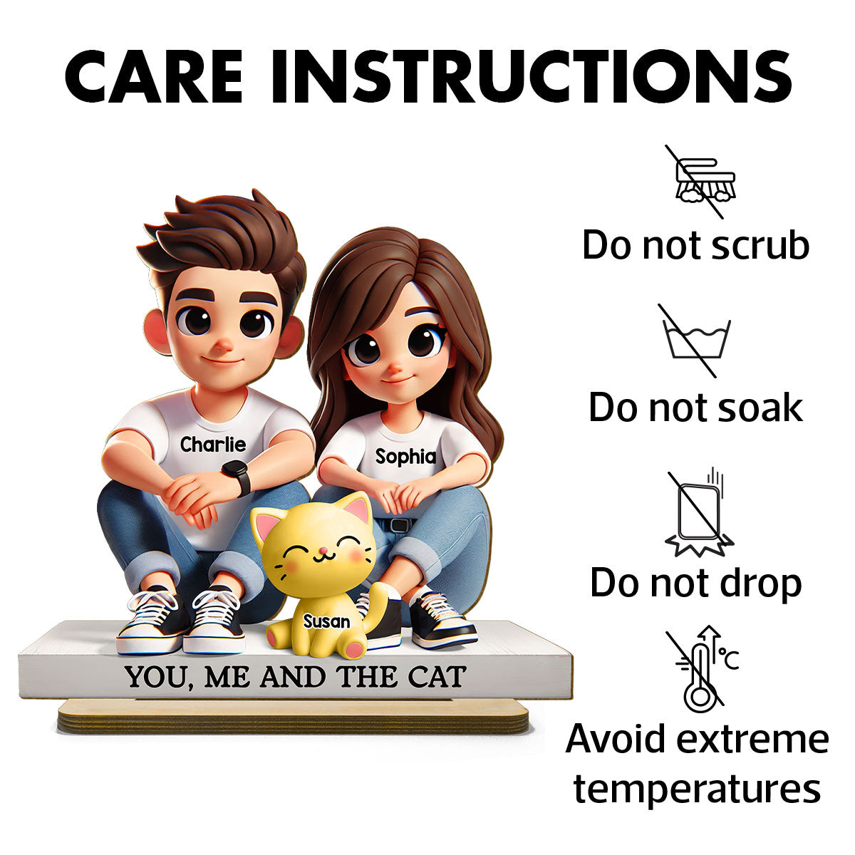 3D Effect Cute Couple And Dogs Cats Personalized Standing Wooden Plaque, Anniversary Gift, gift, Couple Keepsake