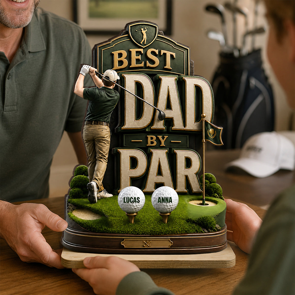Golf Dad & Kids Best Dad By Par - Personalized 2-Layered Wooden Plaque - Gift For Dad, Husband