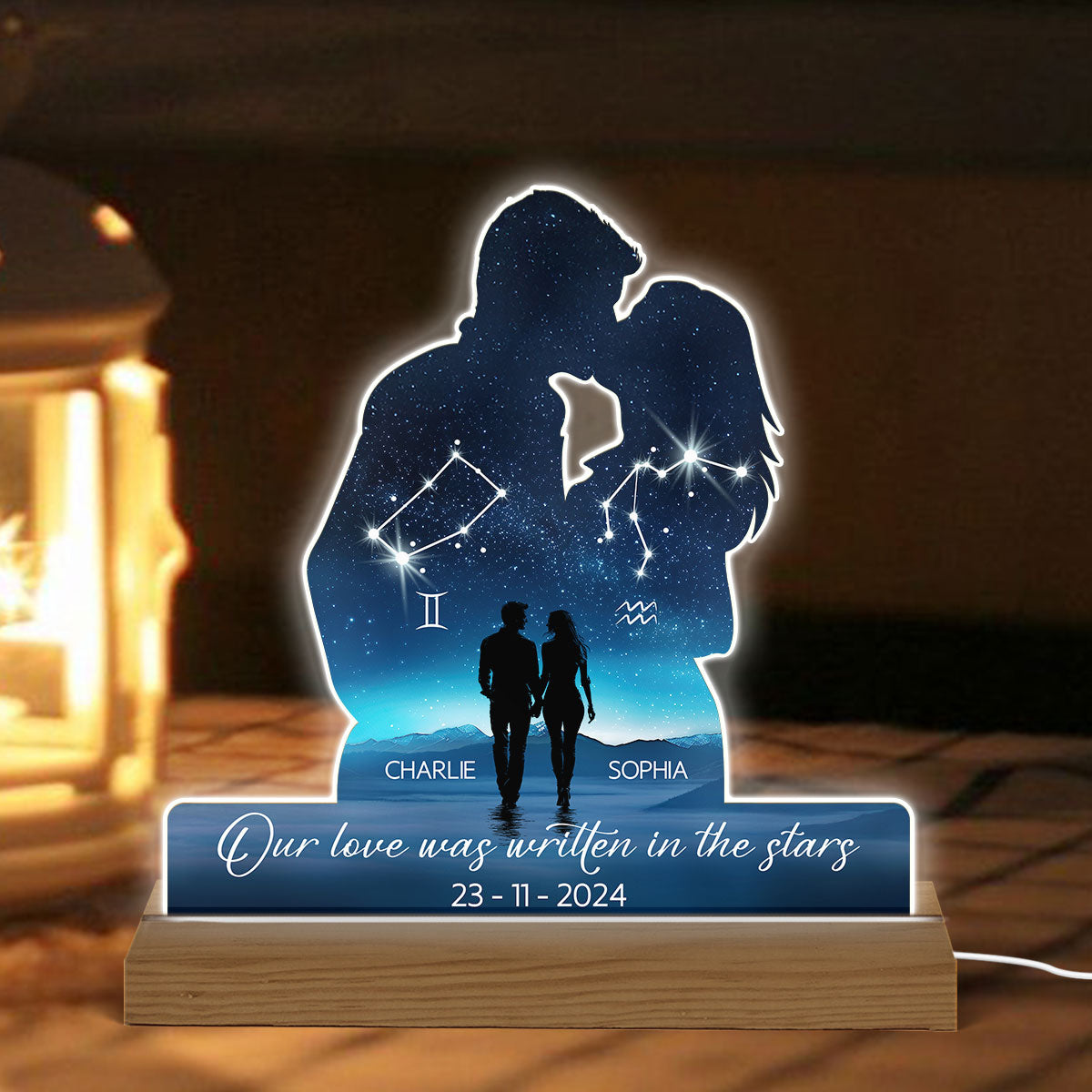 Our Love Was Written In The Stars Personalized Couple Kissing Shaped Acrylic LED Night Light, Anniversary Gift For Her, For Him, Husband, Wife
