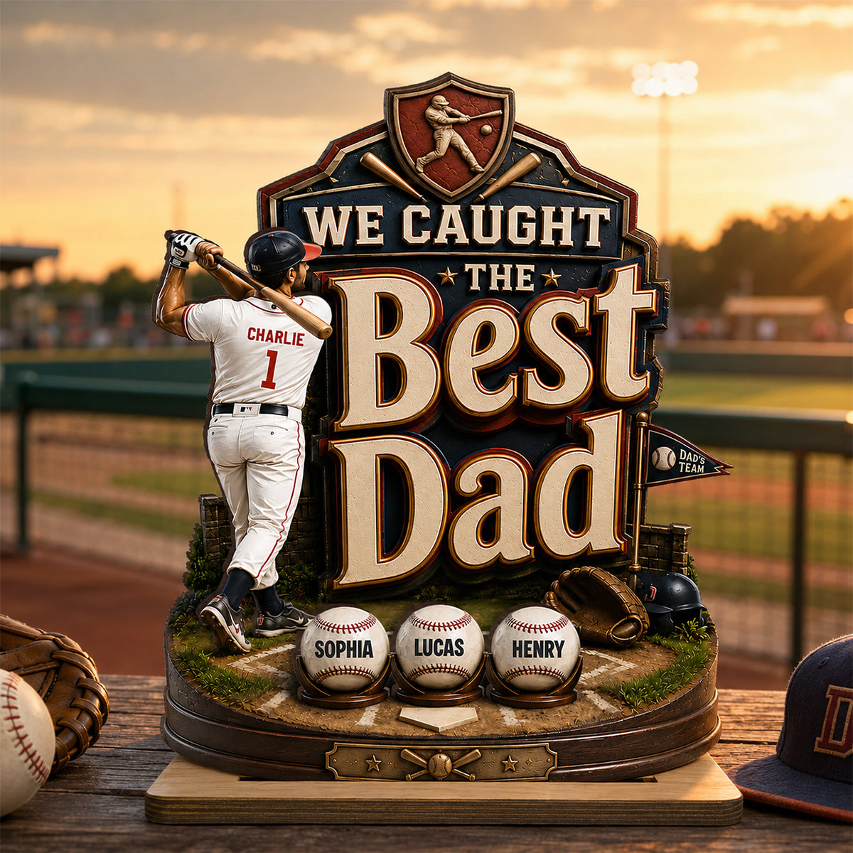 Baseball Dad & Kids We Caught The Best Dad - Personalized 2-Layered Wooden Plaque - Gift For Baseball Dad, Husband