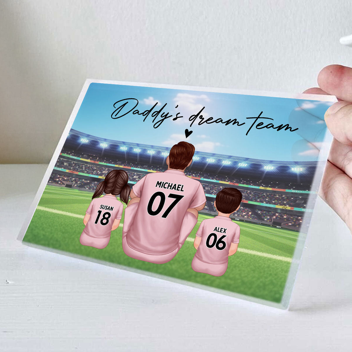 Daddy's Team Soccer Family Sitting Back View Personalized Acrylic Block, Gift