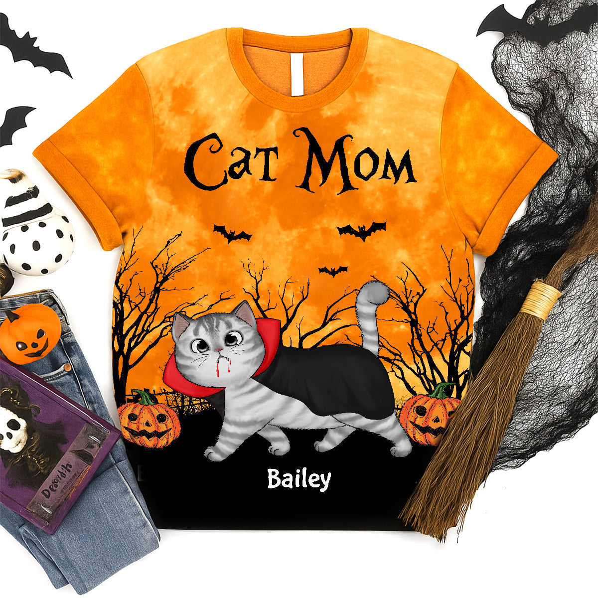 Cat Mom Halloween Moon Light Bat Tree Walking Cat Personalized Shirt, Purrfect Costume for Cat Lover