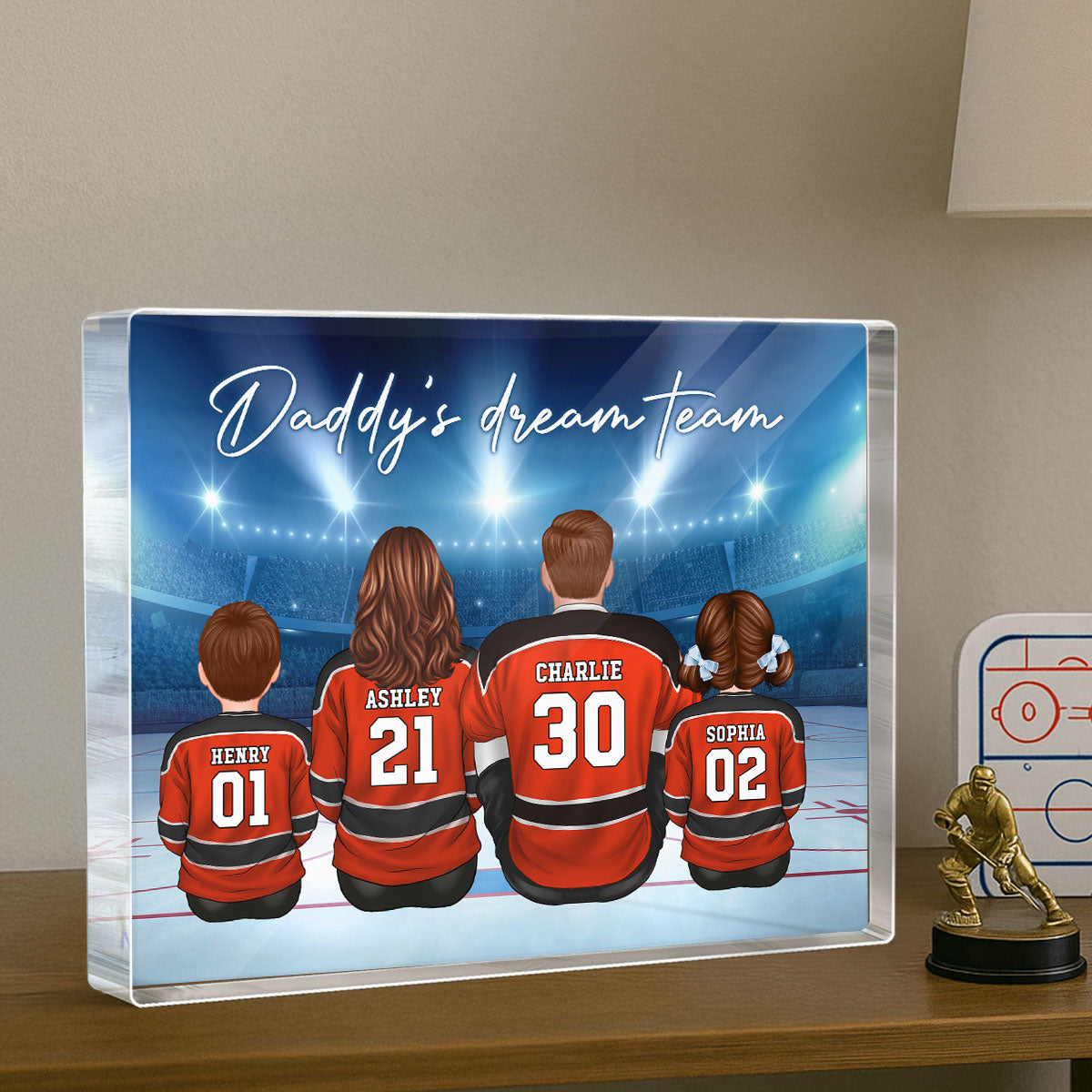 Daddy's Team Hockey Family Sitting Personalized Acrylic Block, Unique Gift for Dad, Gift for Husband