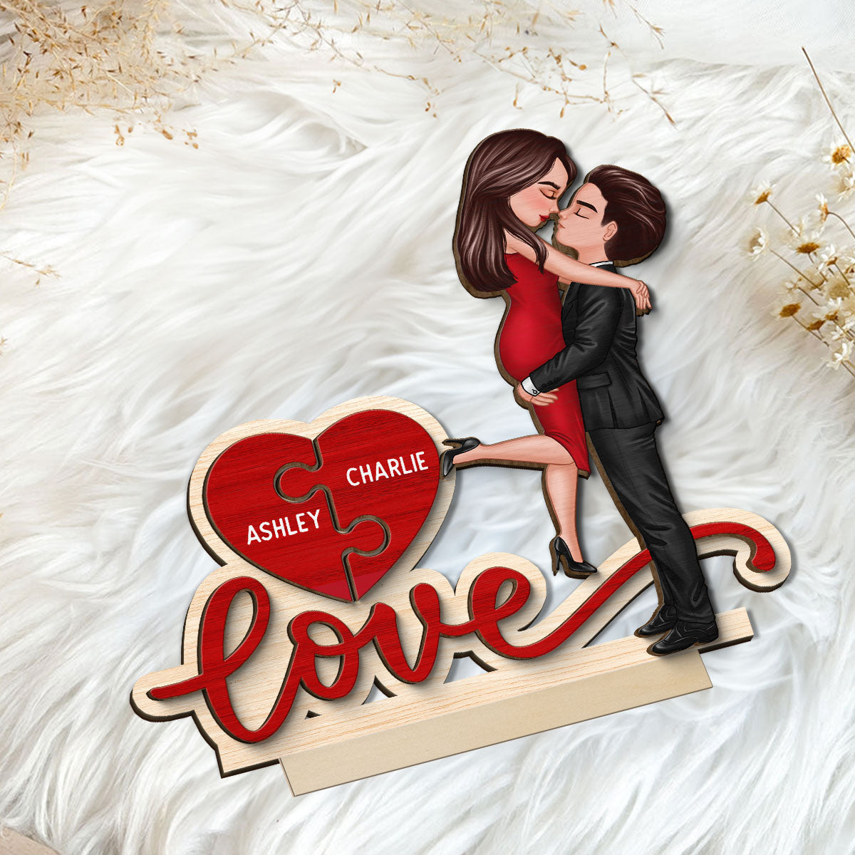 Couple Hugging Kissing Love Missing Piece Personalized 2-Layer Standing Wooden Plaque, Gift For Him or Her