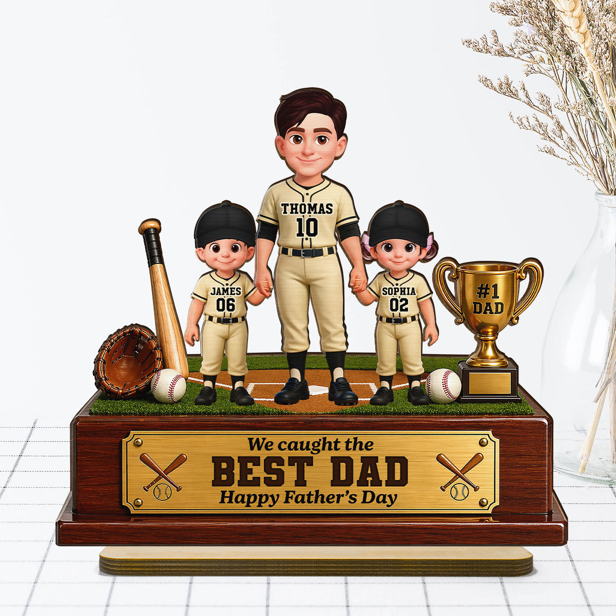 Baseball We Caught The Best Dad - Personalized 2-Layered Wooden Plaque - Gift For Dad