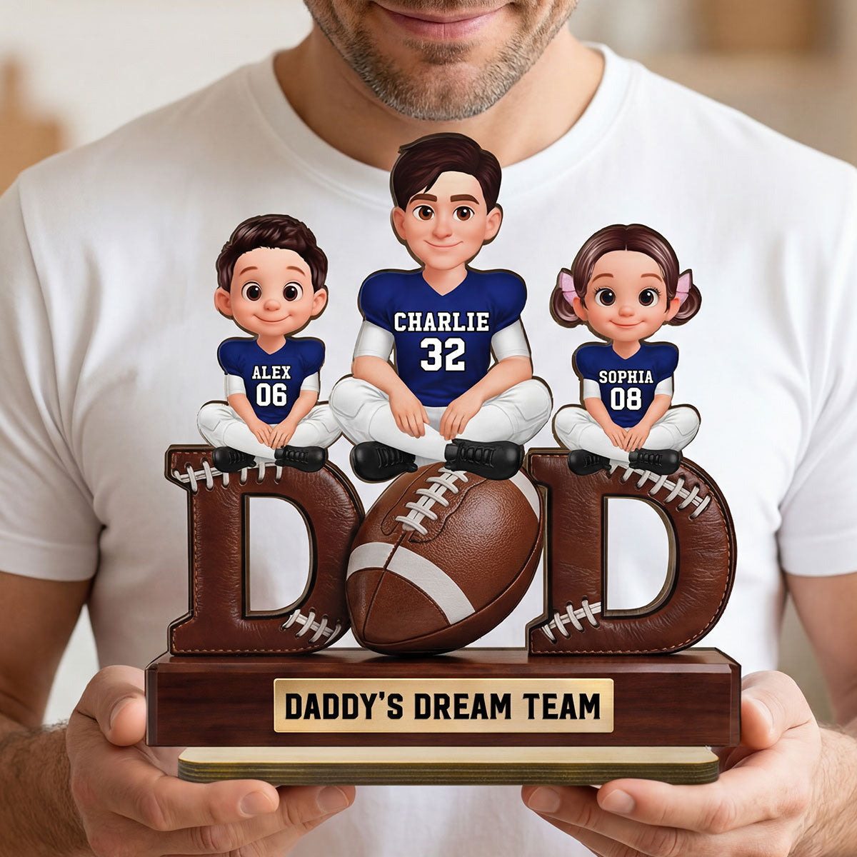American Football Daddy's Dream Team - Personalized 2-Layered Wooden Plaque - Gift For Dad