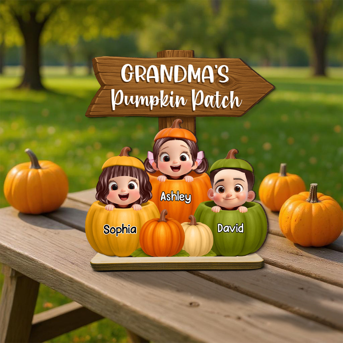 Grandma Pumpkin Patch Cute Grandkids Direction Sign 3D Effect Personalized Standing Wooden Plaque