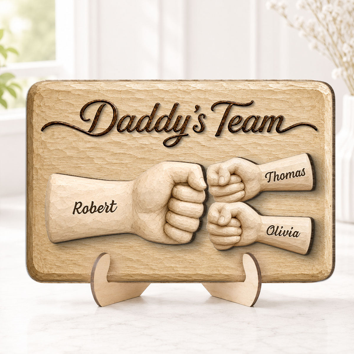 Sentimental Rustic Daddy's Team Fist Bump - Personalized 2-Layered Wooden Plaque - Gift For Dad, Husband