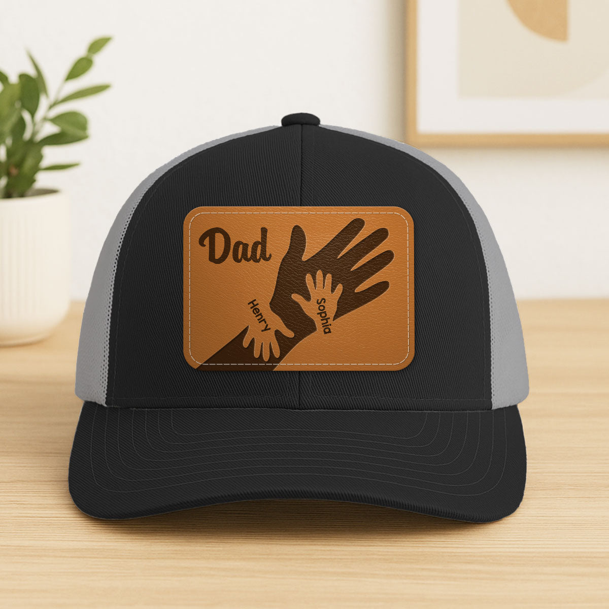 Dad Grandpa Kids Hands Personalized Leather Patch Hat, Father's Day gift