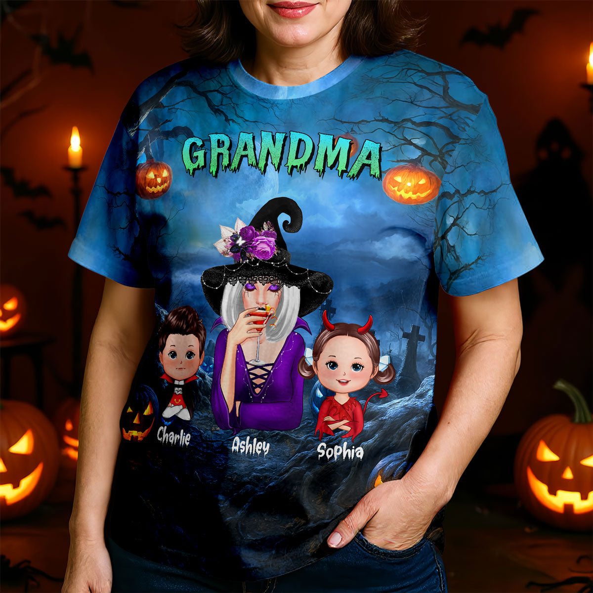 Cool Grandma Witch & Kids In Halloween Night Personalized Shirt, Halloween Costume for Grandma
