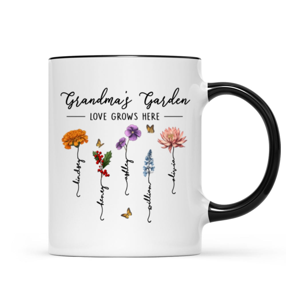 Grandma‘s Garden Love Grows Here Beautiful Birth Month Flower Gift For Grandma Mom Personalized Mug