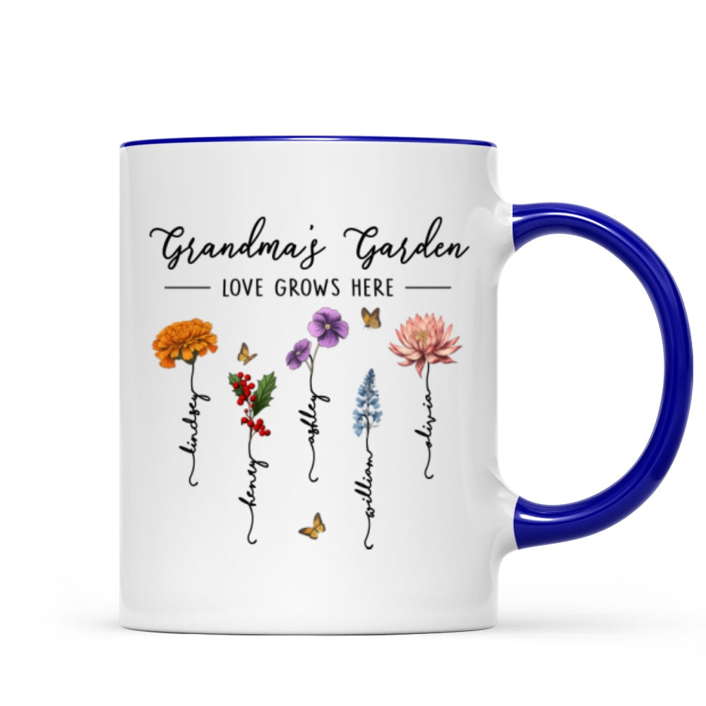 Grandma‘s Garden Love Grows Here Beautiful Birth Month Flower Gift For Grandma Mom Personalized Mug