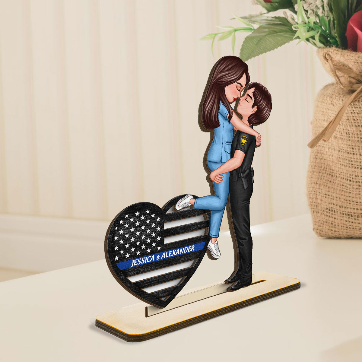 Hero Couple Hugging Kissing Keepsake Gift by Occupation Personalized 2-Layer Standing Wooden Plaque