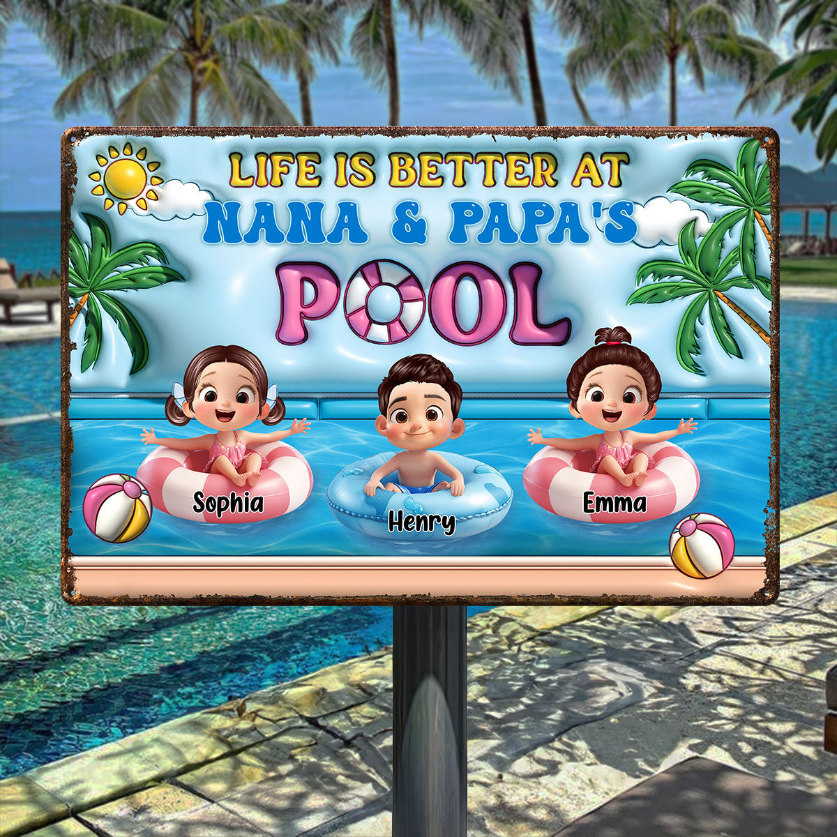 Life Is Better At Grandpa Grandma Pool 3D Inflated Effect Personalized Metal Sign, Grandchildren Welcome Sign