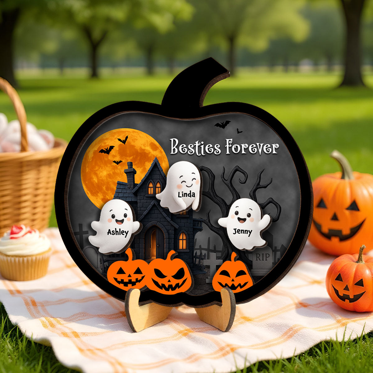 3D Effect Ghost Friends, Ghost Family Inside Pumpkin Personalized 2-Layer Wooden Plaque, Halloween Decoration