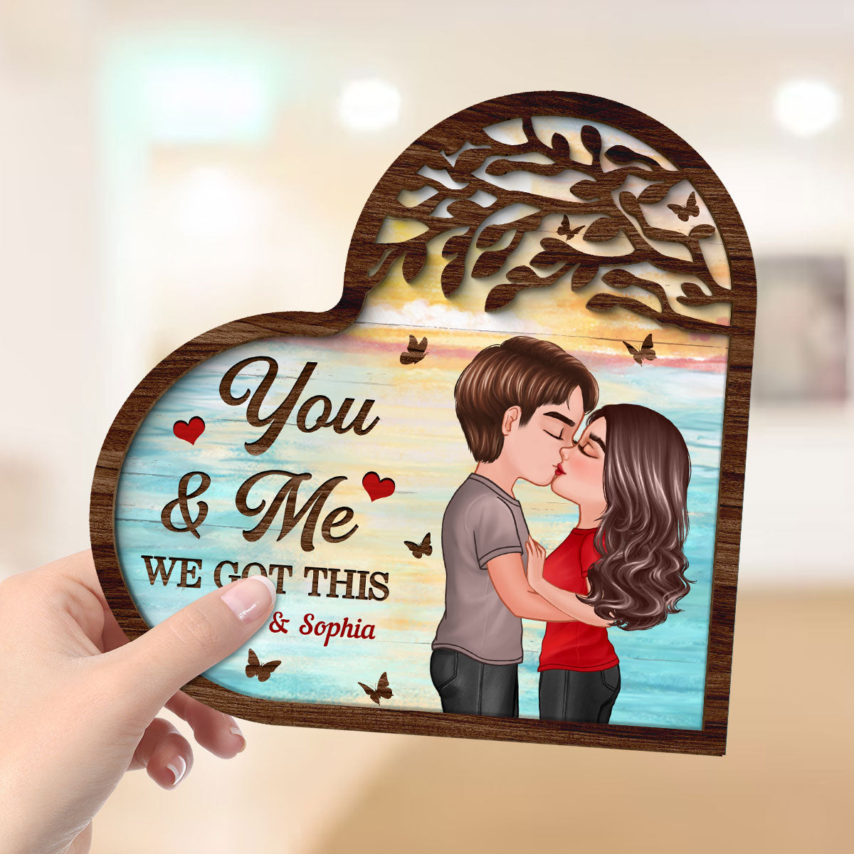 Couple Kissing Under Tree Heart Shaped Gift For Him For Her Personalized 2-Layer Wooden Plaque