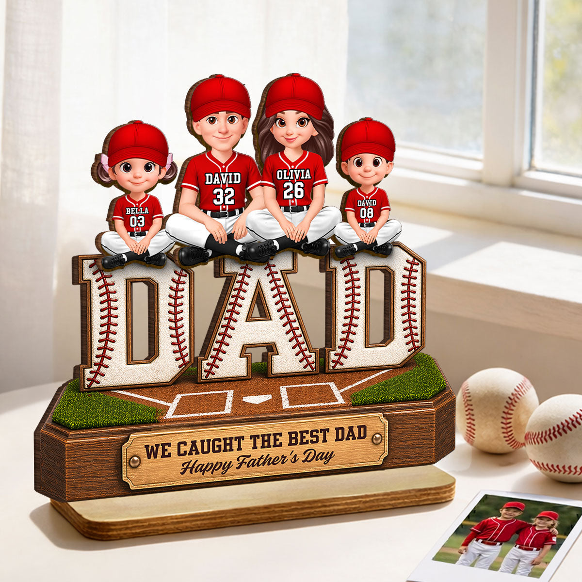 Baseball DAD We Caught The Best Dad - Personalized 2-Layered Wooden Plaque - Gift For Dad