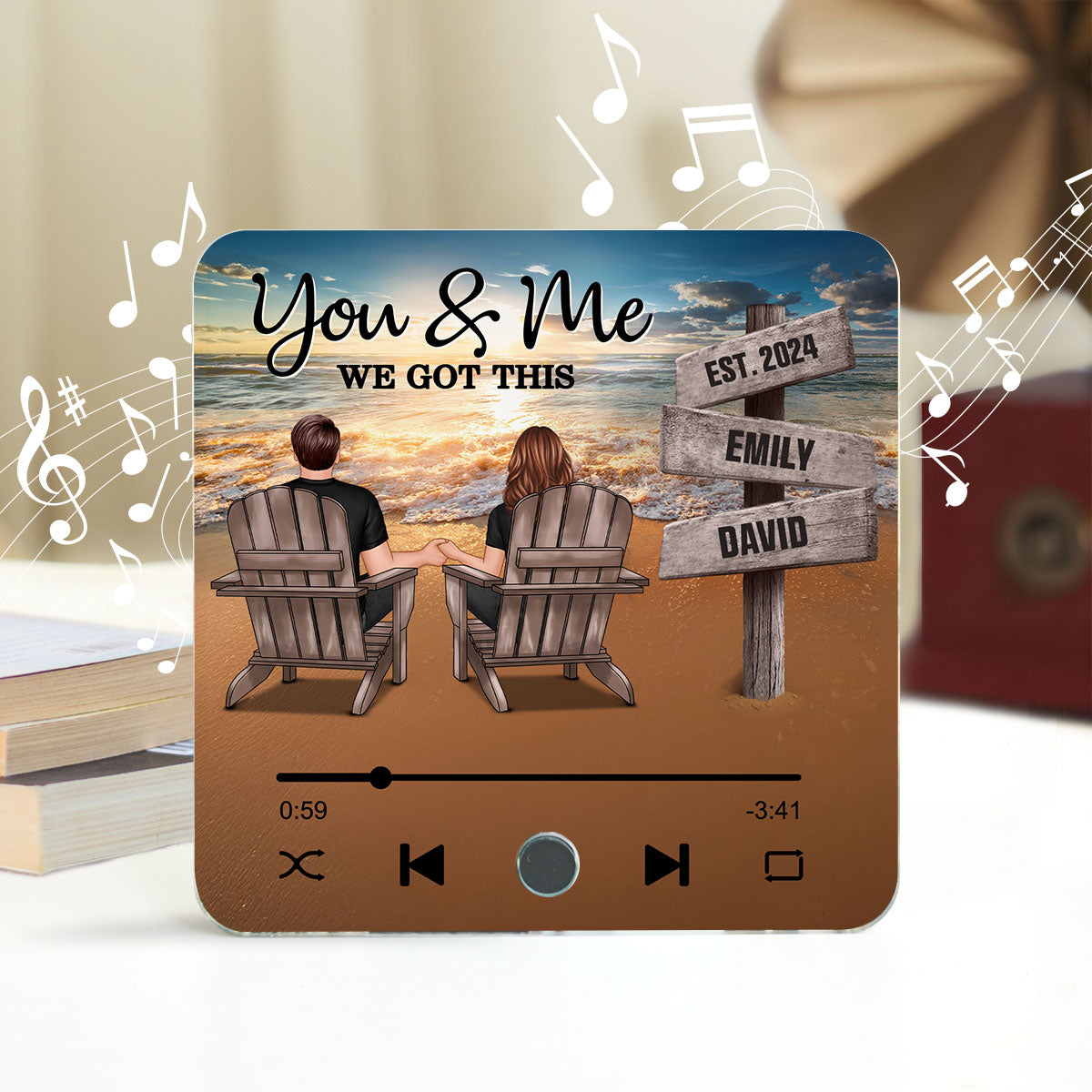 Romantic Beach Landscape Couple Sitting Holding Hands Sign Posts Personalized Bluetooth Music Fridge Magnet, Heartfelt Gift For Couple, For Him, For Her, Boyfriend, Girlfriend, Husband, Wife