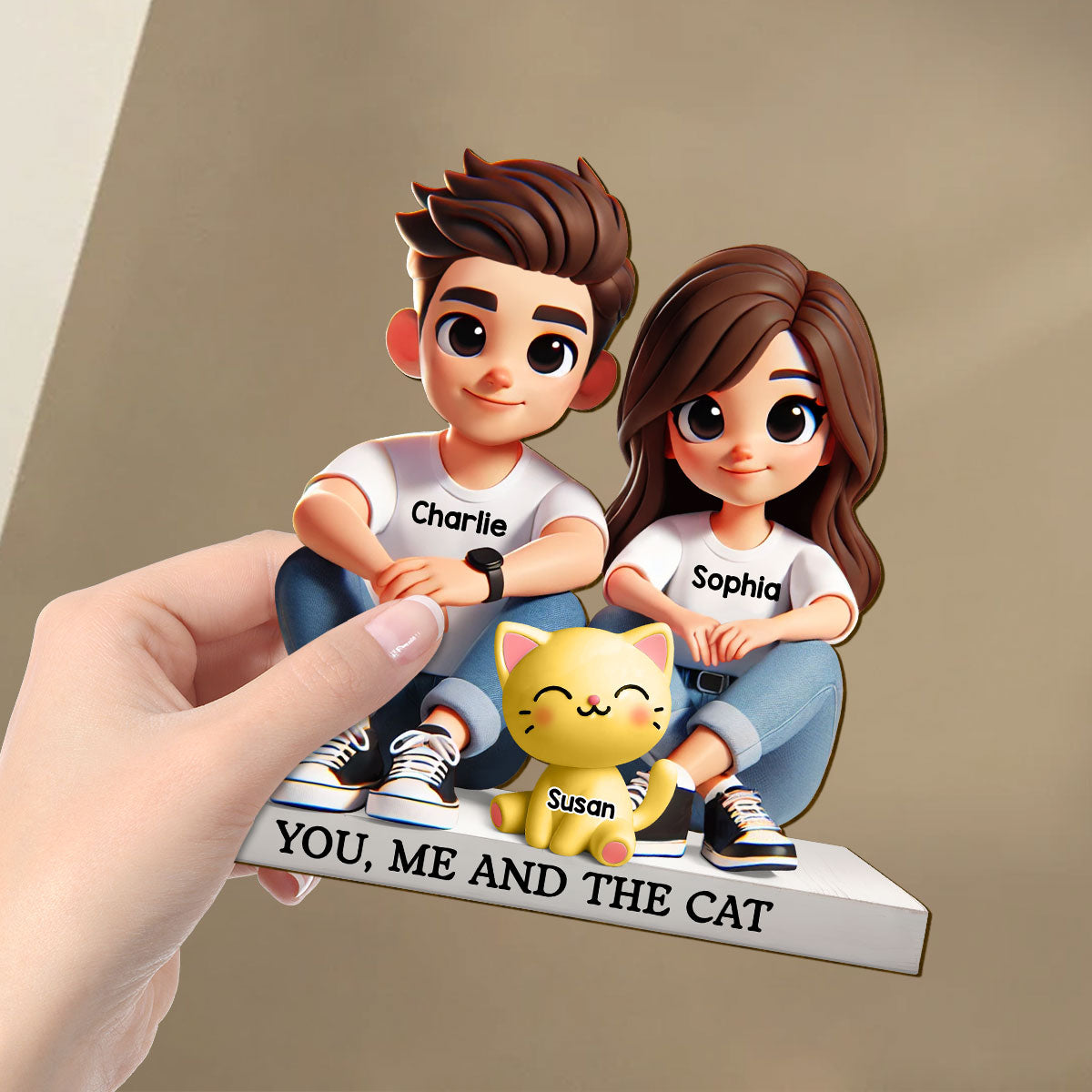 3D Effect Cute Couple And Dogs Cats Personalized Standing Wooden Plaque, Anniversary Gift, gift, Couple Keepsake